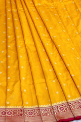 All Gold Zari Handloom Kadhua Banarasi Shalu Silk Satin Saree - Small Border - Sangita - All Gold Zari - Yellow Red