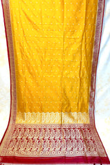 All Gold Zari Handloom Kadhua Banarasi Shalu Silk Satin Saree - Small Border - Sangita - All Gold Zari - Yellow Red