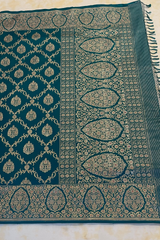 HOV EXCLUSIVE REAL ZARI HANDLOOM BANARASI KATAN SILK SAREE - JAANGLA - CHECKERED - PEACOCK GREEN - 115