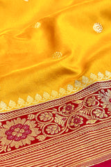All Gold Zari Handloom Kadhua Banarasi Shalu Silk Satin Saree - Small Border - Sangita - All Gold Zari - Yellow Red