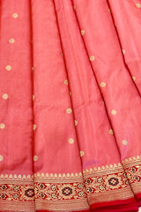 Pure Zari Handloom Kadhua Banarasi Shalu Silk Satin Saree - Small Border - Sangita - All Gold Zari - Peach Red