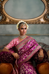 HOV Handloom Pure Zari Banarasi Katan Silk Saree - Jaangla - Purple Green All Over Design - 082