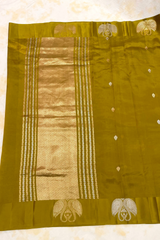 HOV Handloom Banarasi Katan Silk Saree - Butidar Kadhua - Dove Border- Mehendi Gold- 060