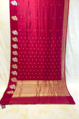 HOV Handloom Banarasi Katan Silk Saree - Butidar Kadhua - Big Rose Buta - Deep Red - 059