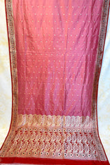 Pure Zari Handloom Kadhua Banarasi Shalu Silk Satin Saree - Small Border - Sangita - All Gold Zari - Peach Red