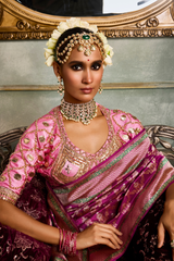 HOV Handloom Pure Zari Banarasi Katan Silk Saree - Jaangla - Purple Green All Over Design - 082