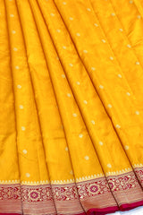 All Gold Zari Handloom Kadhua Banarasi Shalu Silk Satin Saree - Small Border - Sangita - All Gold Zari - Yellow Red