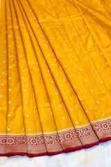 All Gold Zari Handloom Kadhua Banarasi Shalu Silk Satin Saree - Small Border - Sangita - All Gold Zari - Yellow Red