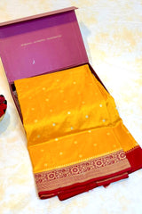 All Gold Zari Handloom Kadhua Banarasi Shalu Silk Satin Saree - Small Border - Sangita - All Gold Zari - Yellow Red