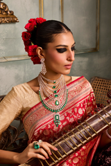 HOV EXCLUSIVE REAL ZARI HANDLOOM BANASARI KATAN SILK SAREE - JAANGLA BEL DESIGN - RED - 119