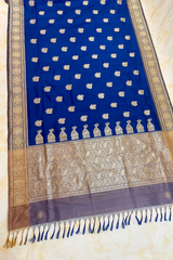 HOV Handloom Banarasi Katan Silk Saree - Butidar - Paisley Buta Blue Gold Border - 099