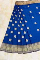 HOV Handloom Banarasi Katan Silk Saree - Butidar - Paisley Buta Blue Gold Border - 099