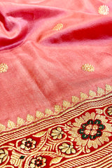 Pure Zari Handloom Kadhua Banarasi Shalu Silk Satin Saree - Small Border - Sangita - All Gold Zari - Peach Red