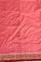 Pure Zari Handloom Kadhua Banarasi Shalu Silk Satin Saree - Small Border - Sangita - All Gold Zari - Peach Red