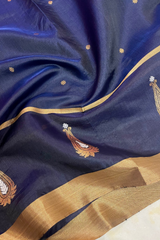HOV Handloom Chanderi Silk Saree - Border Paisley Buta - Dark Blue - 54-03-04