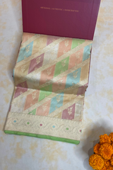 HOV Exclusive Handloom Banarasi Katan Silk Saree - Checks - Rangakat- Off White Green - 107