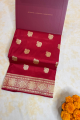 HOV Exclusive Real Zari Handloom Banarasi Katan Silk Saree - Custom Made Gold Border - Red - 108