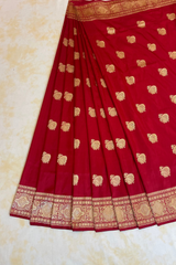 HOV Exclusive Real Zari Handloom Banarasi Katan Silk Saree - Custom Made Gold Border - Red - 108