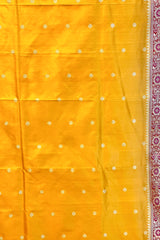 All Gold Zari Handloom Kadhua Banarasi Shalu Silk Satin Saree - Small Border - Sangita - All Gold Zari - Yellow Red
