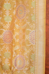 Real Zari Handloom Kadhua Banarasi Katan Silk Saree - Jaangla - Yellow Chakra Minakari