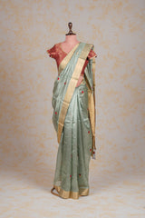 Handloom Cotton Silk Chanderi Saree Powder Blue Red Floral Buta