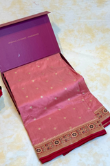 Pure Zari Handloom Kadhua Banarasi Shalu Silk Satin Saree - Small Border - Sangita - All Gold Zari - Peach Red