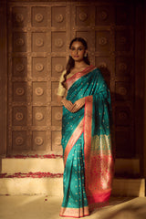 Gold Zari Handloom Kadhua Banarasi Shalu Silk Satin Saree - Small Border - Sangita- Pink Green