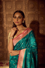 Gold Zari Handloom Kadhua Banarasi Shalu Silk Satin Saree - Small Border - Sangita- Pink Green