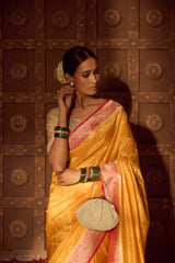 All Gold Zari Handloom Kadhua Banarasi Shalu Silk Satin Saree - Small Border - Sangita - All Gold Zari - Yellow Red