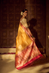 All Gold Zari Handloom Kadhua Banarasi Shalu Silk Satin Saree - Small Border - Sangita - All Gold Zari - Yellow Red