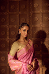 Handloom Kadhua Banarasi Satin Silk Saree Jaangla -Baby Pink