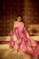 Handloom Kadhua Banarasi Satin Silk Saree Jaangla -Baby Pink