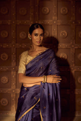 Handloom Silk Chanderi Saree - Mini Round Buta With Red Mina - Dark Blue