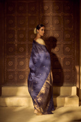 Handloom Silk Chanderi Saree - Mini Round Buta With Red Mina - Dark Blue