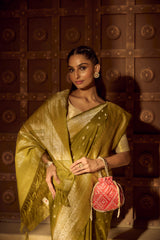 Handlloom Kadhua Banarasi Silk Saree- Big Border - Mehndi Green Silver Buti