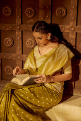 Handlloom Kadhua Banarasi Silk Saree- Big Border - Mehndi Green Silver Buti