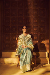 Handlloom Kadhua Banarasi Tissue Silk Saree- Big Border - Powder Blue