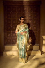 Handlloom Kadhua Banarasi Tissue Silk Saree- Big Border - Powder Blue