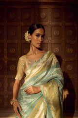 Handlloom Kadhua Banarasi Tissue Silk Saree- Big Border - Powder Blue