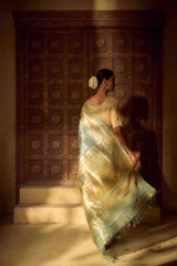 Handlloom Kadhua Banarasi Tissue Silk Saree- Big Border - Powder Blue