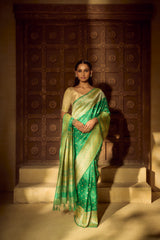 Handlloom Kadhua Banarasi Silk Saree- Big Border - Parrot Green Pink Meena