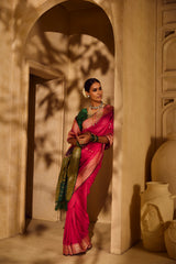 Handloom Kadhua Banarasi Shalu Saree - Sangita Laxmi- Pink Green