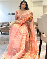 Handloom Silk Chanderi Saree - Light Pink Plain