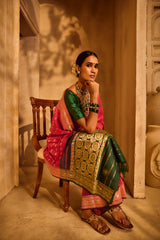 Handloom Kadhua Banarasi Shalu Saree - Sangita Laxmi- Pink Green