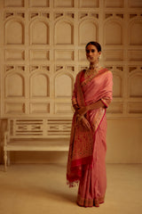 Pure Zari Handloom Kadhua Banarasi Shalu Silk Satin Saree - Small Border - Sangita - All Gold Zari - Peach Red