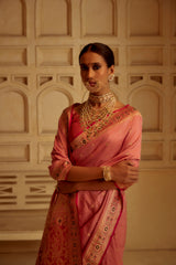 Pure Zari Handloom Kadhua Banarasi Shalu Silk Satin Saree - Small Border - Sangita - All Gold Zari - Peach Red