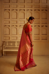 Pure Zari Handloom Kadhua Banarasi Shalu Silk Satin Saree - Small Border - Sangita - All Gold Zari - Peach Red