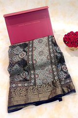 HOV Ajarakh Hand-Block Print Saree - Dola Silk - 015