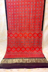 HOV Ajarakh Hand-Block Print Saree with Zari Patta - Modal - 003