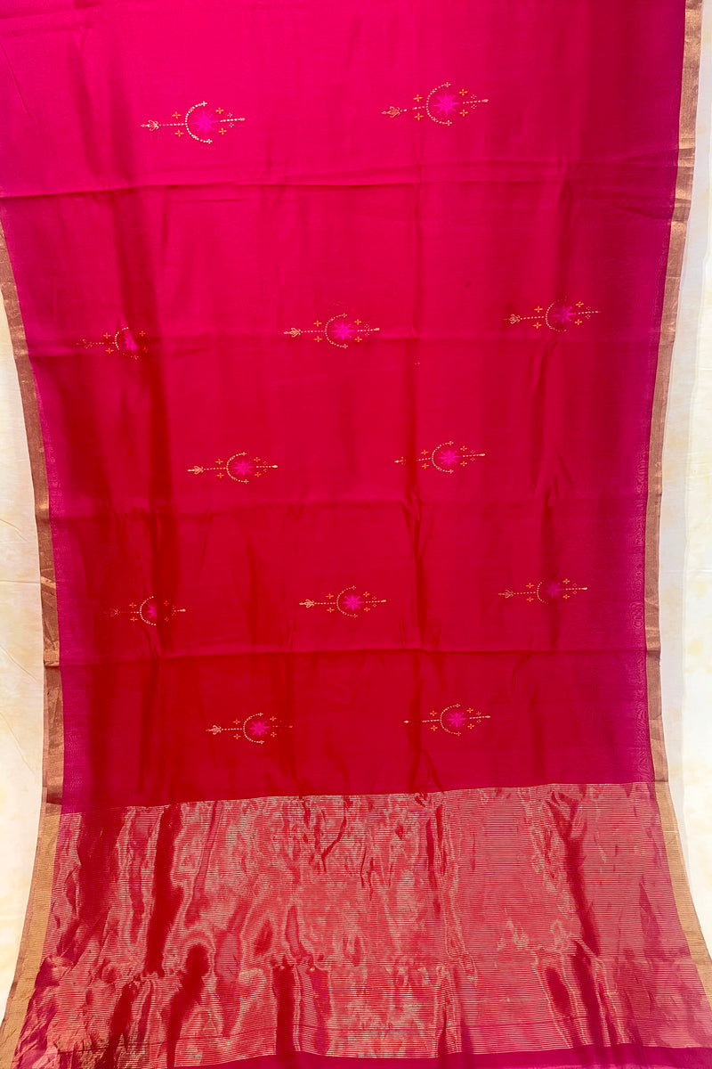 Handloom Silk Cotton Chanderi Saree - Star Motif - Maroon